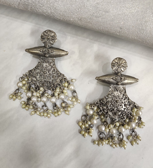 German Silver Pearl Drop Oxidised Afghani Earrings