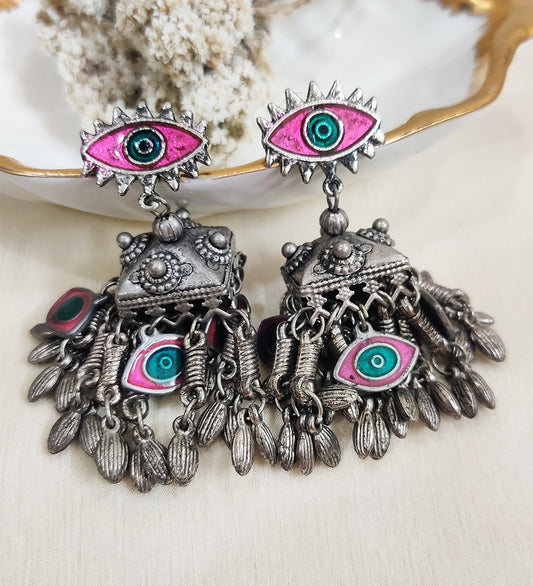 Pink Evil Eye Oxidised Jhumka Earrings