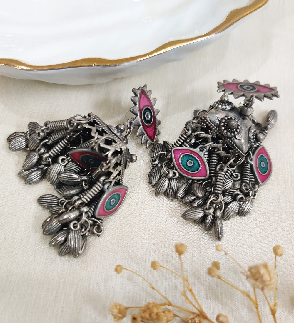 Pink Evil Eye Oxidised Jhumka Earrings