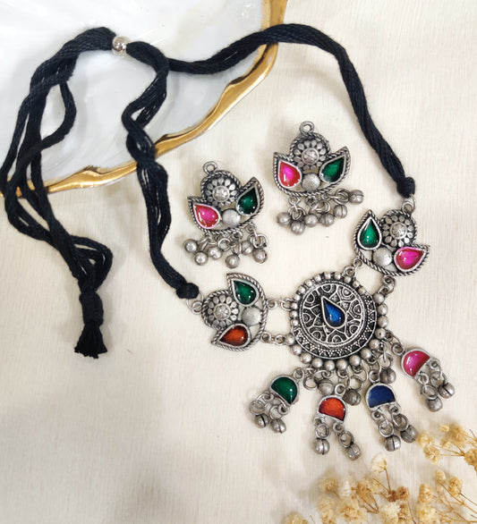 Multicolour Oxidised Choker and Earring Set