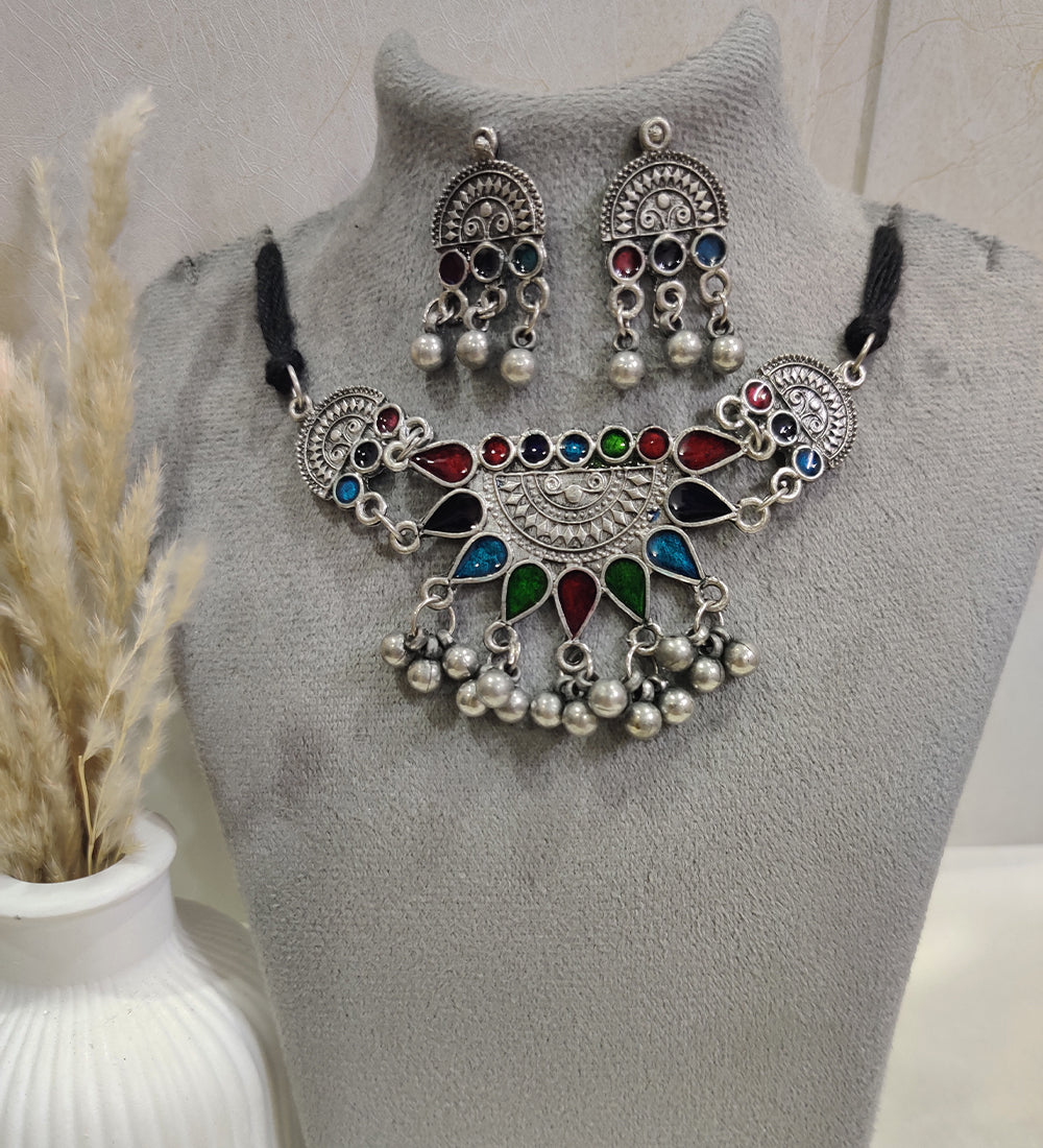 Handcrafted Boho Choker Set – Antique Silver Finish with Beads