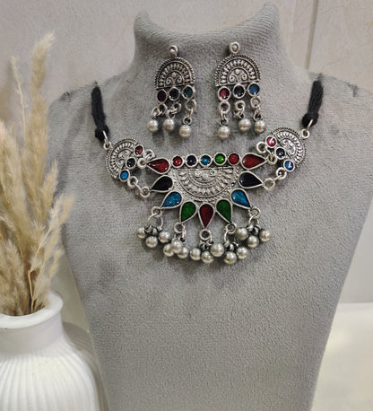 Handcrafted Boho Choker Set – Antique Silver Finish with Beads
