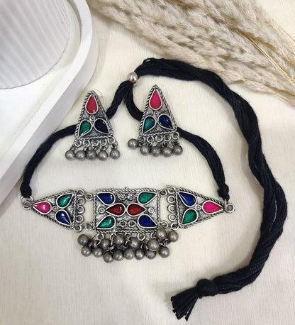 Boho Tribal Silver Necklace & Earrings Set