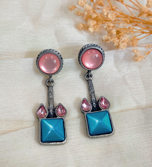 Pink and Blue Stone Studded Oxidised Dangler Earrings