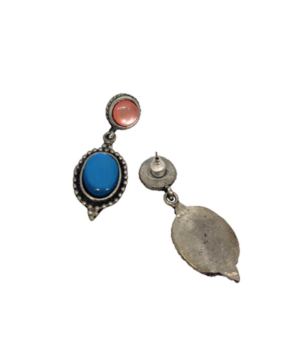 Pink and Blue Stone Studded Oxidised Dangle Earrings