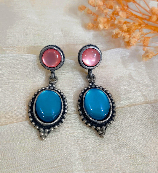 Pink and Blue Stone Studded Oxidised Dangle Earrings