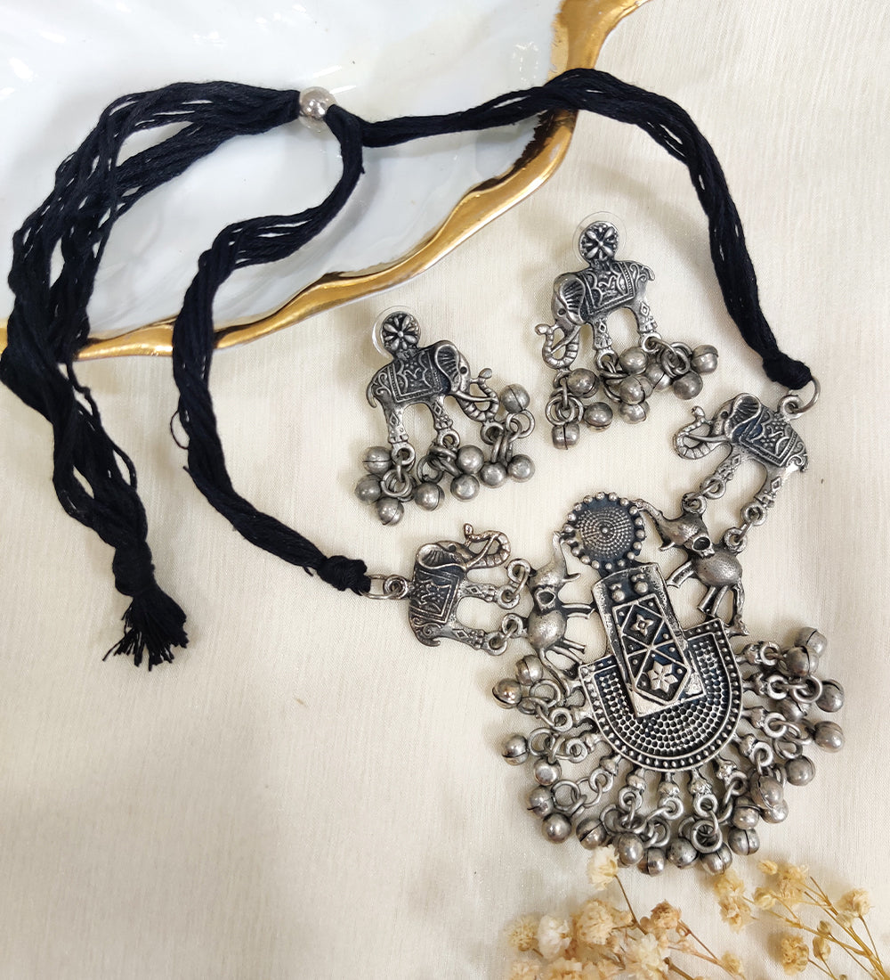Elephant Motif Oxidised Adjustable Choker Set with Earrings