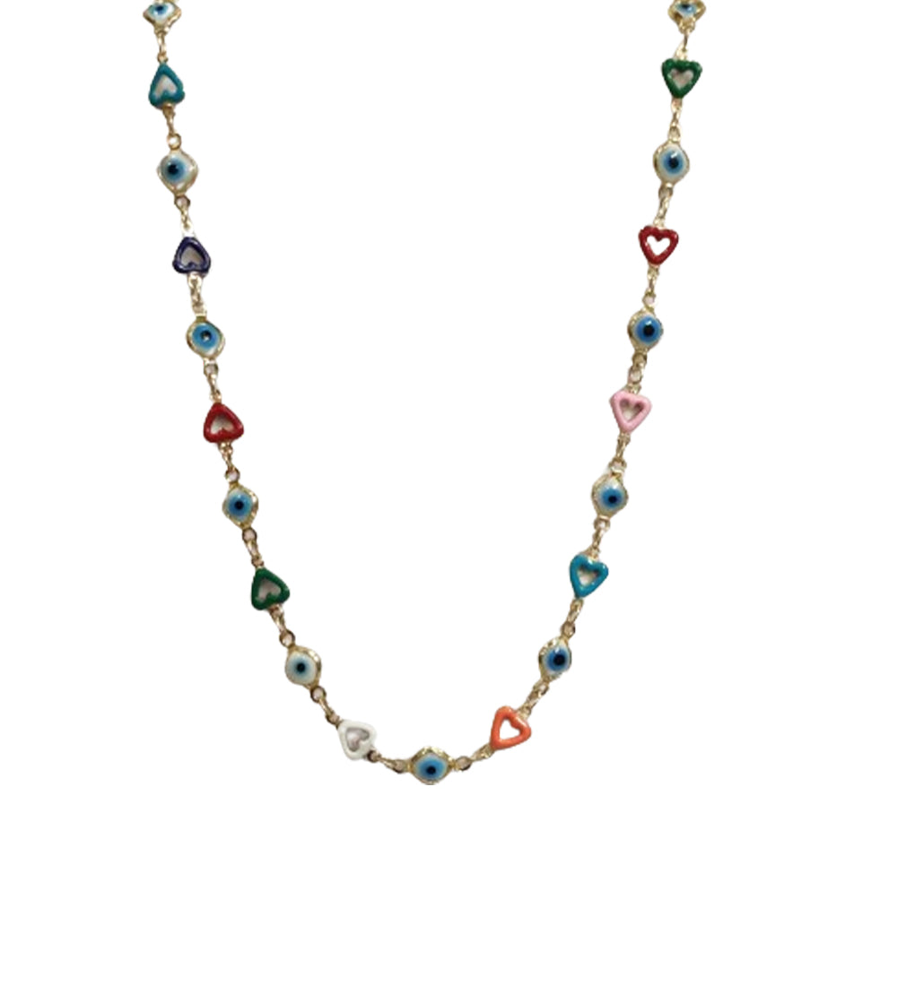 Evil Eye and Multi Colour Heart Golden Neckchain