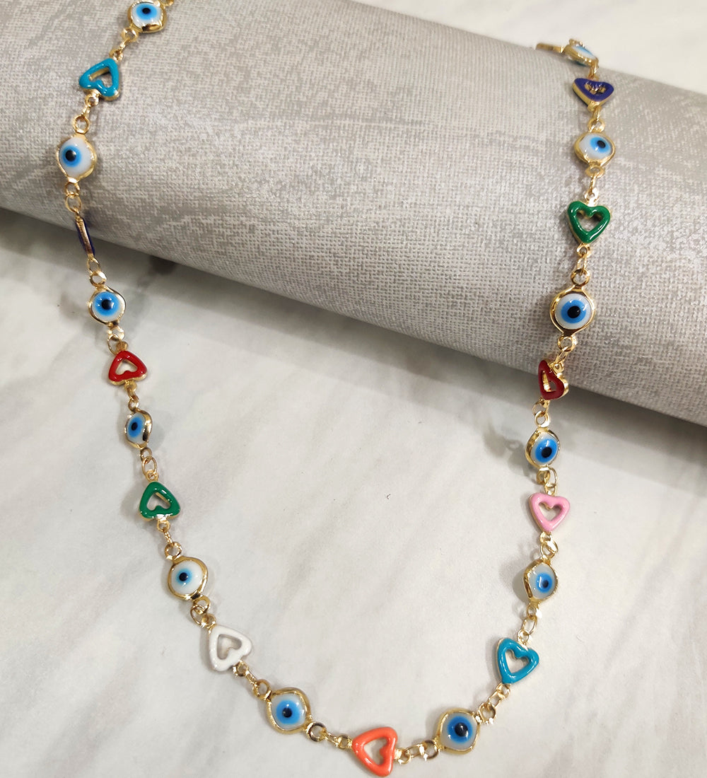 Evil Eye and Multi Colour Heart Golden Neckchain