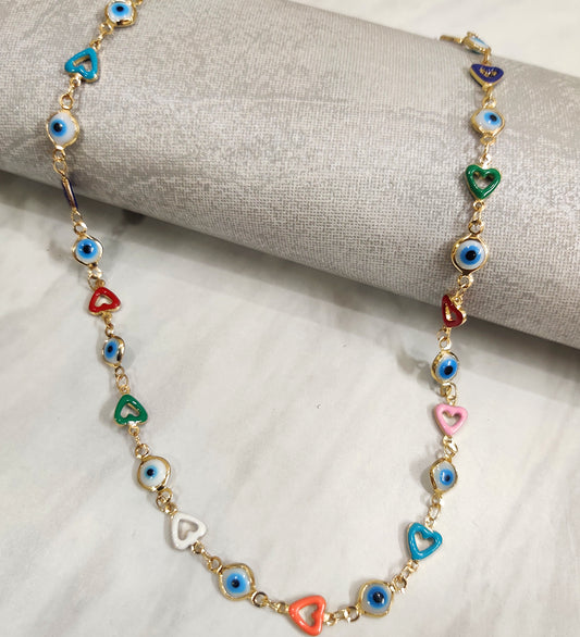 Evil Eye and Multi Colour Heart Golden Neckchain