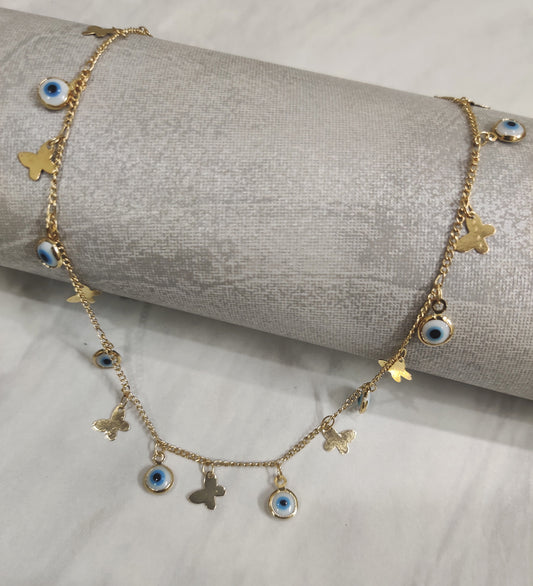 Evil Eye and Butterfly Charm Golden NeckChain