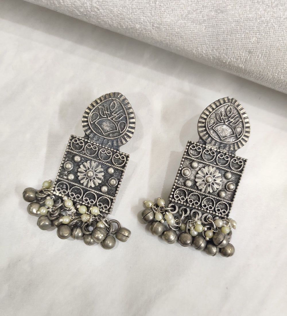 Silver Oxidised Drop Ghungroo Banjara Style Earrings