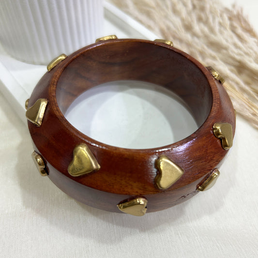 Handcrafted Wooden Bangle with Golden Heart Studs