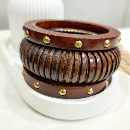 Boho Chic Wooden Bracelet Set – 3-Piece Statement Stack