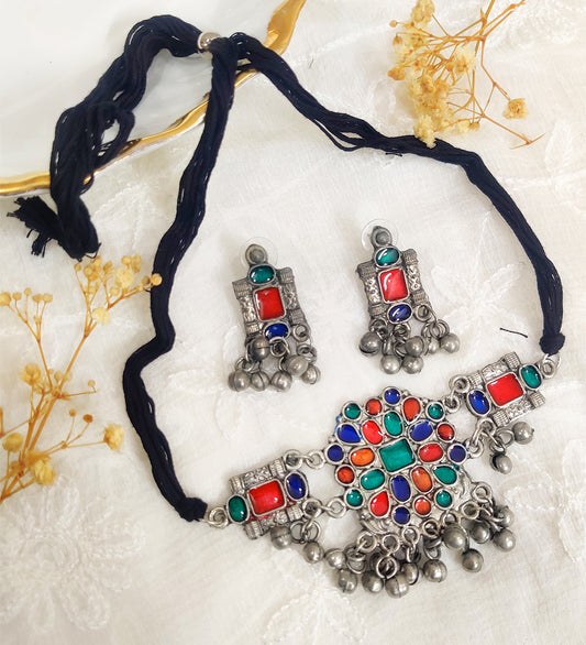 Afghani Oxidised MultiColour Choker Set
