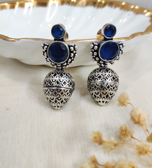 Blue stone Studded Oxidised Drop Earrings