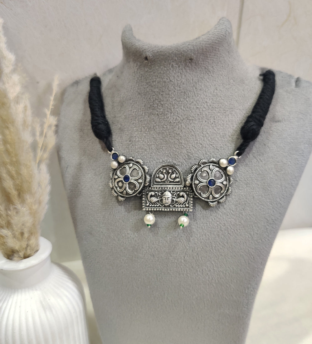 Oxidized Silver Tribal Necklace with Stone & Pearl Detailing