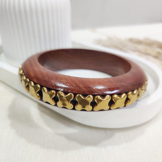 Brown Handcrafted Cuff with Gold Floral Studs Bangle