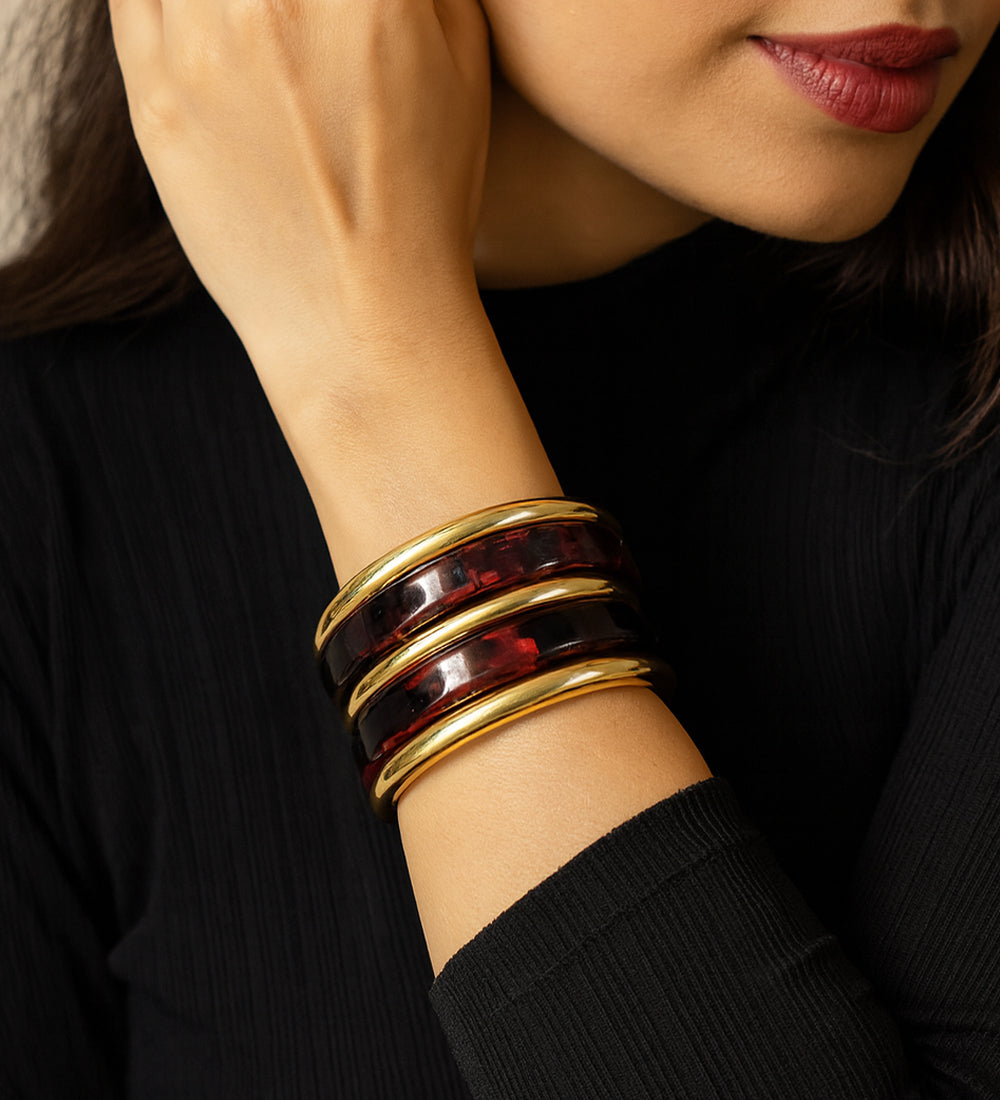 Bold Maroon Resin Bangles with Gold Rim