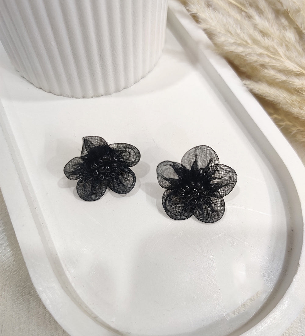 Black Net Flower Earrings