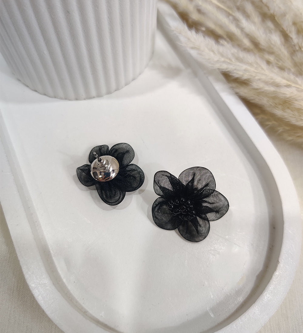 Black Net Flower Earrings