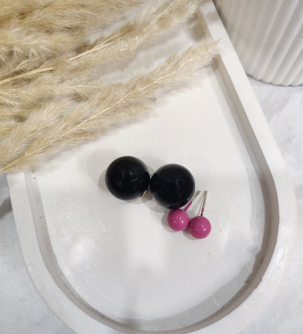 Double- Sided Spherical Black Pink Ear studs