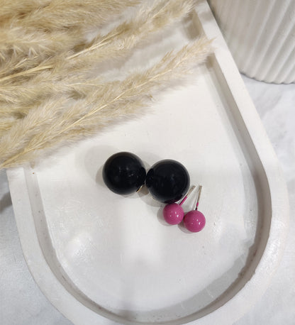 Double- Sided Spherical Black Pink Ear studs