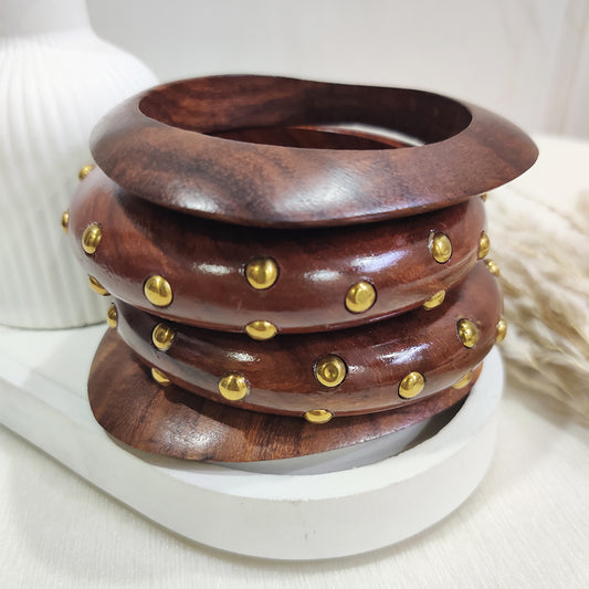 Tribal Style Wooden Bracelet Set – Brown Bangles with Golden Studs