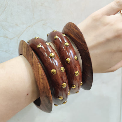 Tribal Style Wooden Bracelet Set – Brown Bangles with Golden Studs