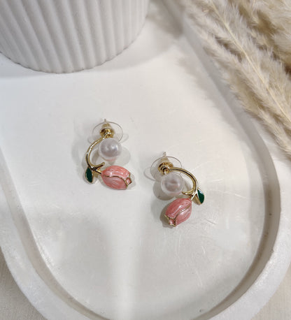 Pink Tulip with Pearl Stud Earrings
