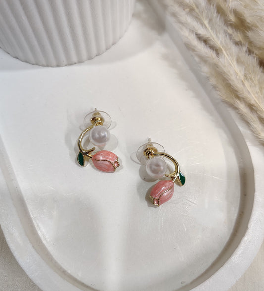 Pink Tulip with Pearl Stud Earrings