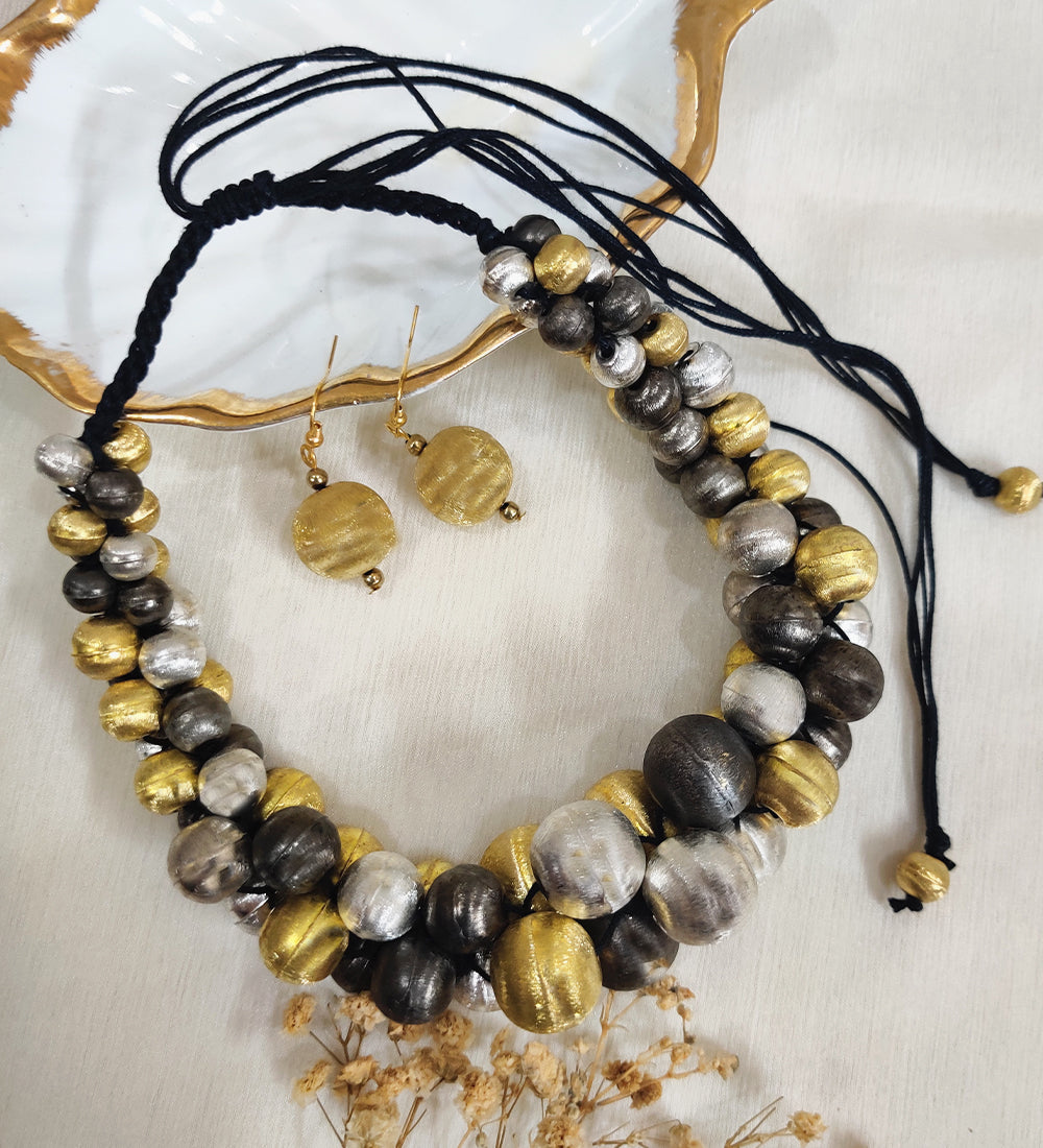 Silver and Gold-Toned Tribal Necklace with Hook Earrings