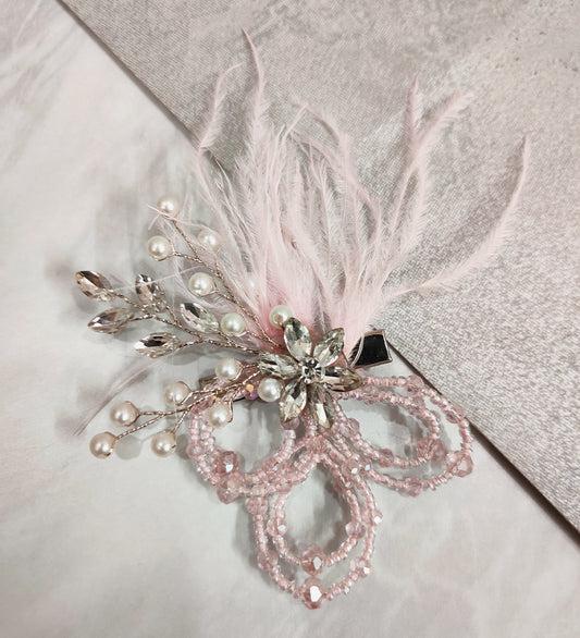 Pink Feather Crystal Flower Hair Clip