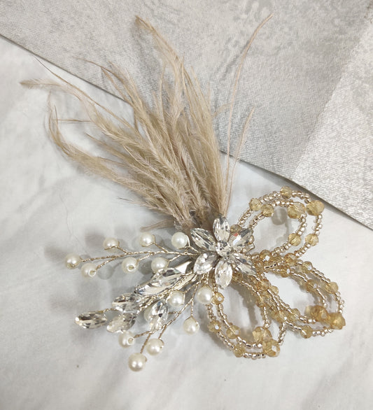 Golden Feather Crystal Flower Hair Clip