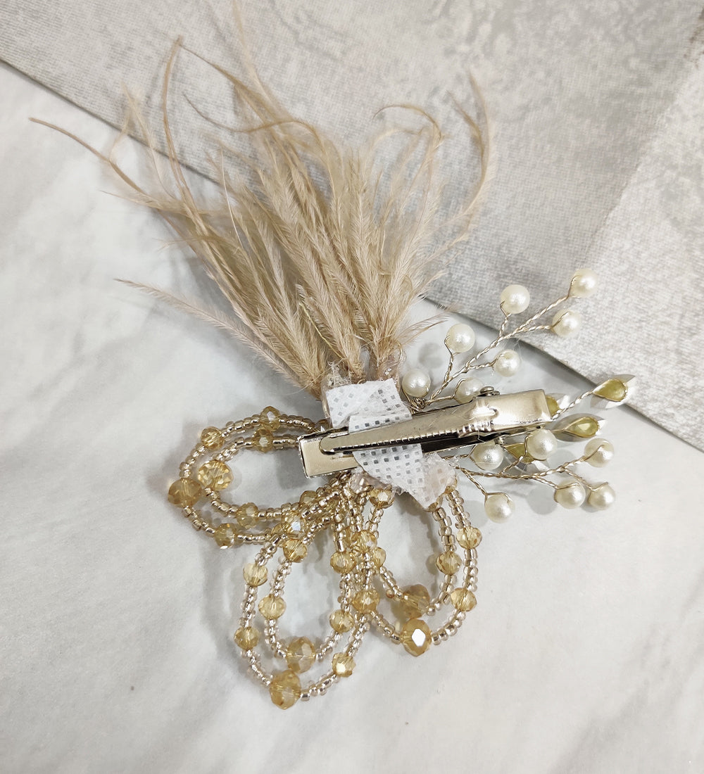 Golden Feather Crystal Flower Hair Clip