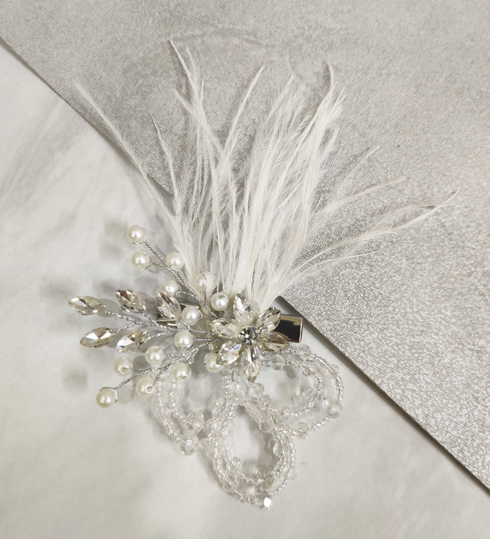 White Feather Crystal Flower Hair Clip