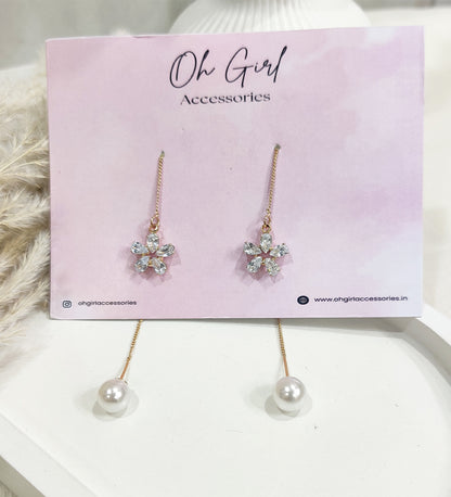 Golden-Toned Cubic Zirconia Studded Floral Drop Earrings