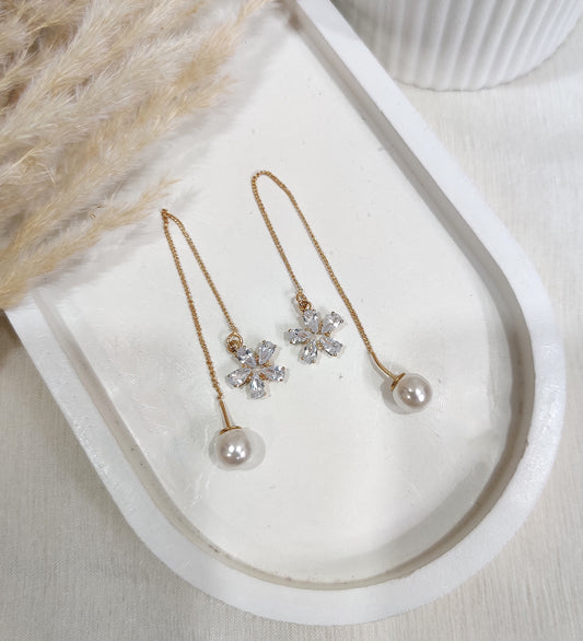 Golden-Toned Cubic Zirconia Studded Floral Drop Earrings