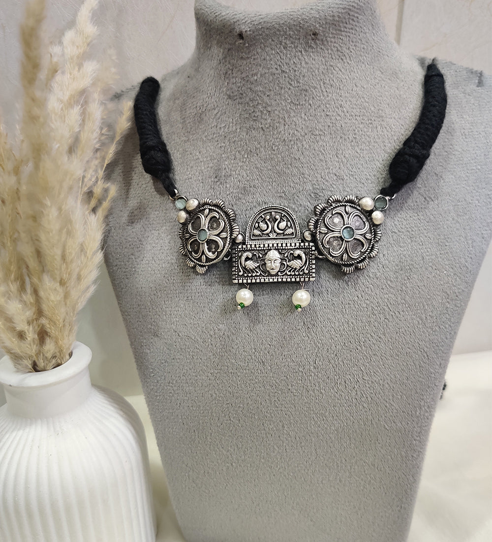 Oxidized Silver Tribal Necklace with Stone & Pearl Detailing