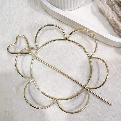 Golden Flower Bun Holder with Heart Stick – Stylish Metal Hair Accessory
