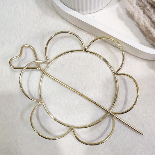 Golden Flower Bun Holder with Heart Stick – Stylish Metal Hair Accessory