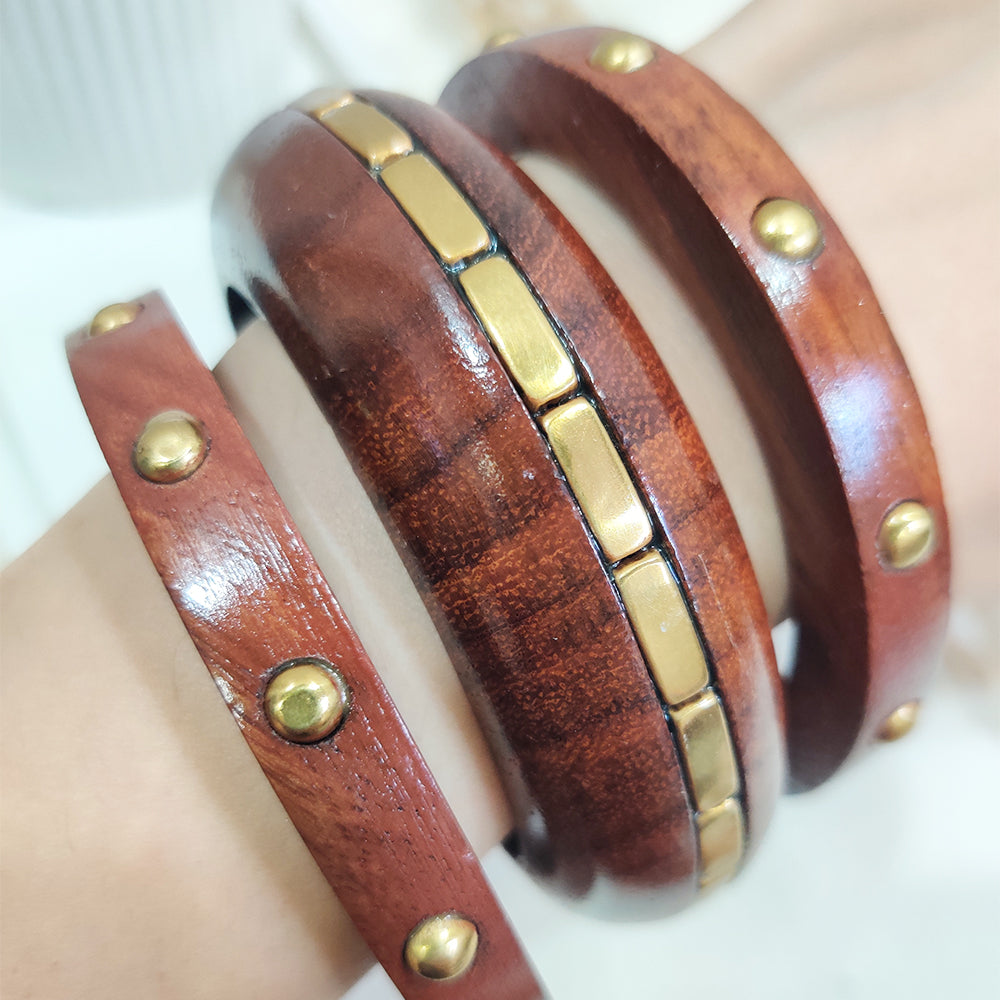 Wooden Bangle with Gold Metal Detailing-  3-Piece Statement Stack