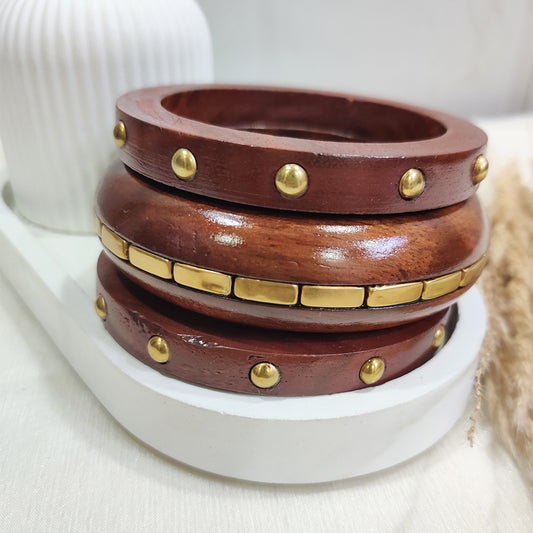 Wooden Bangle with Gold Metal Detailing-  3-Piece Statement Stack
