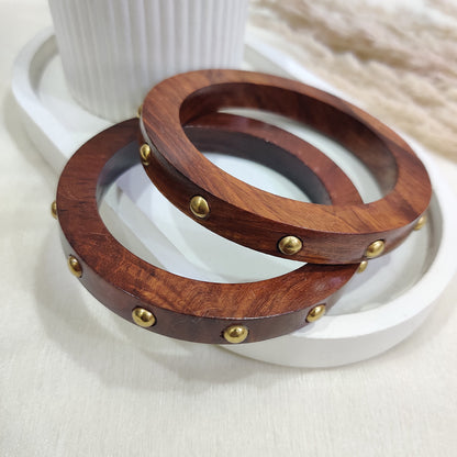 Wooden Bangle with Gold Metal Detailing-  3-Piece Statement Stack