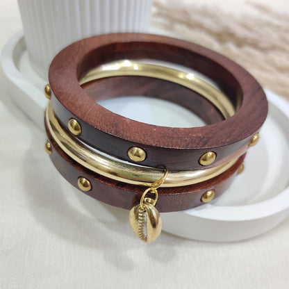 Rustic Wooden Bangles with Gold Cowrie Charm