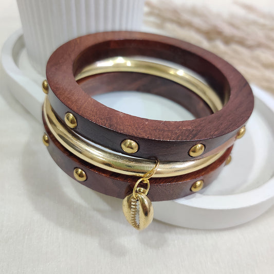 Rustic Wooden Bangles with Gold Cowrie Charm