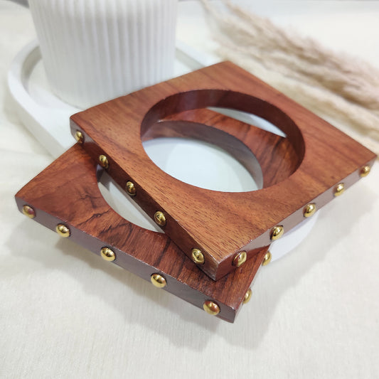 Square Wooden Bangle with Gold Studs