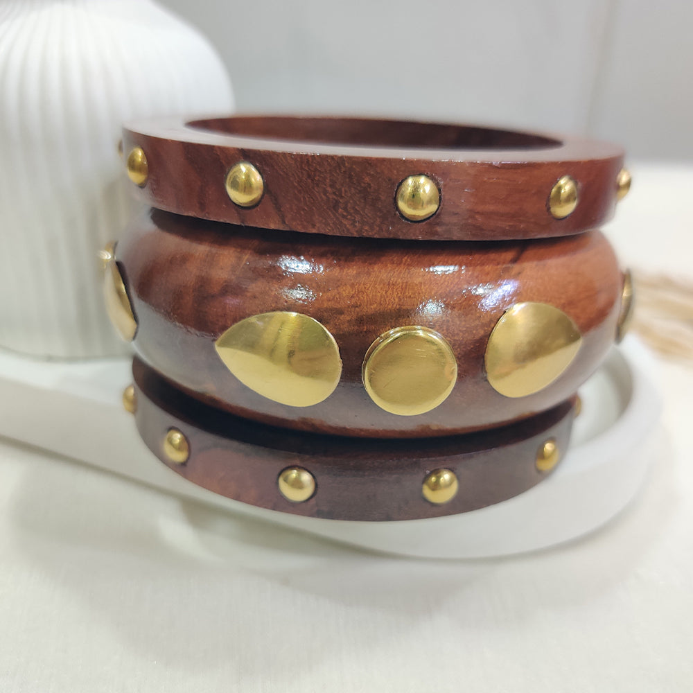 Vintage-Inspired Brass Studded Wooden Bangle Set