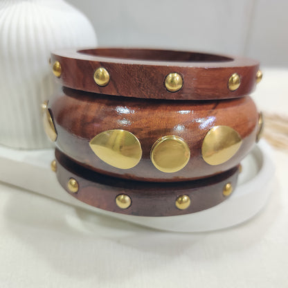 Vintage-Inspired Brass Studded Wooden Bangle Set