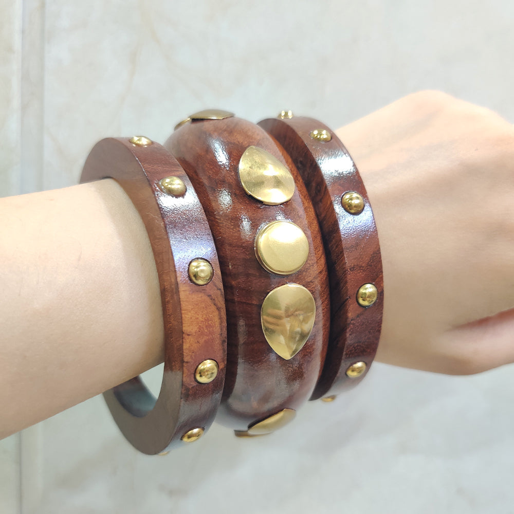 Vintage-Inspired Brass Studded Wooden Bangle Set